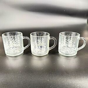 Libbey Frosted Pine Tree Glass Mugs Set of 3 Clear Winter Forest